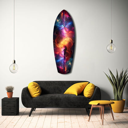 Safrane Space Glass Wall Art displayed above a black sofa with yellow pillows in a modern living room interior.