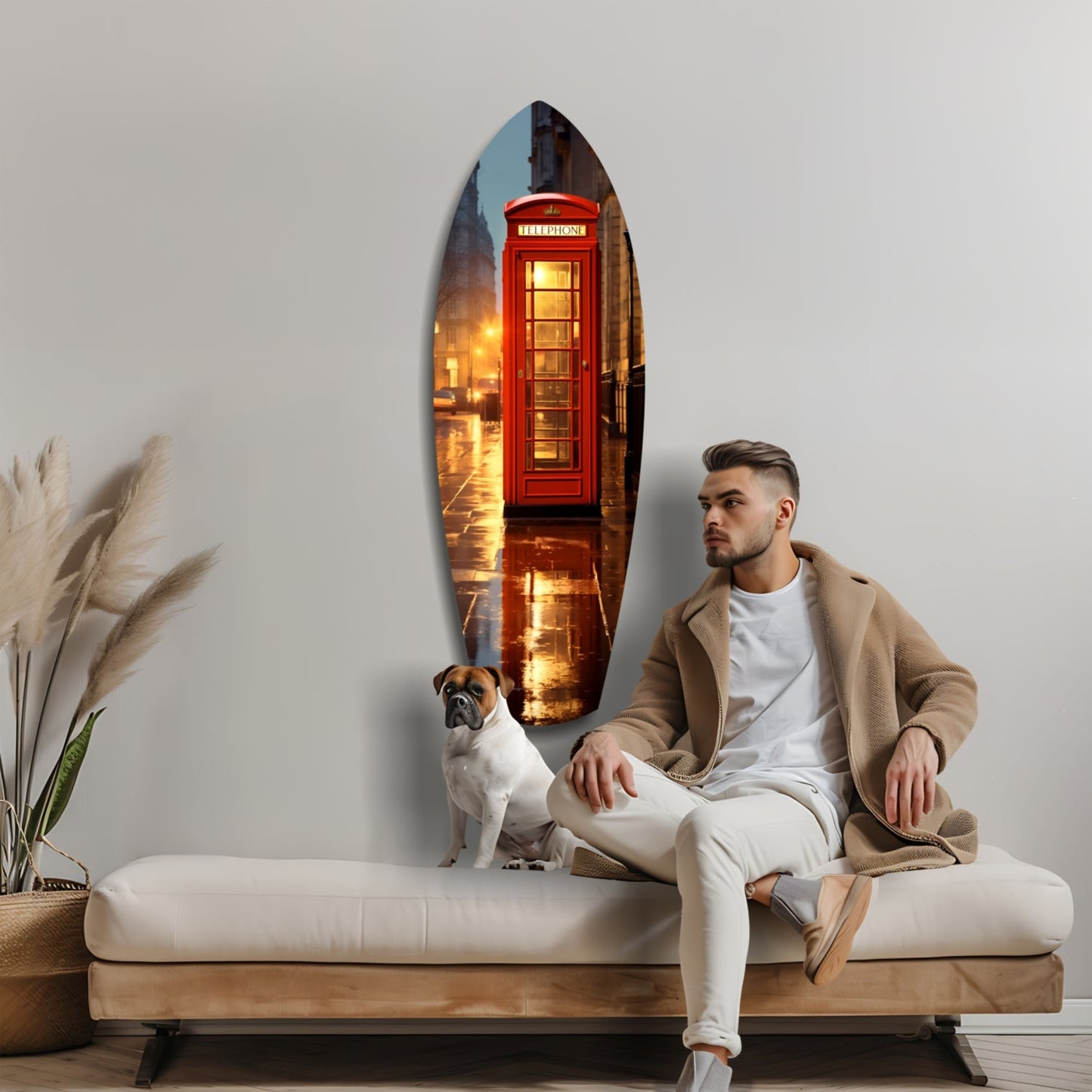 Man and dog sitting on white cushioned bench beside oval glass wall art depicting illuminated red London telephone booth on rainy street.