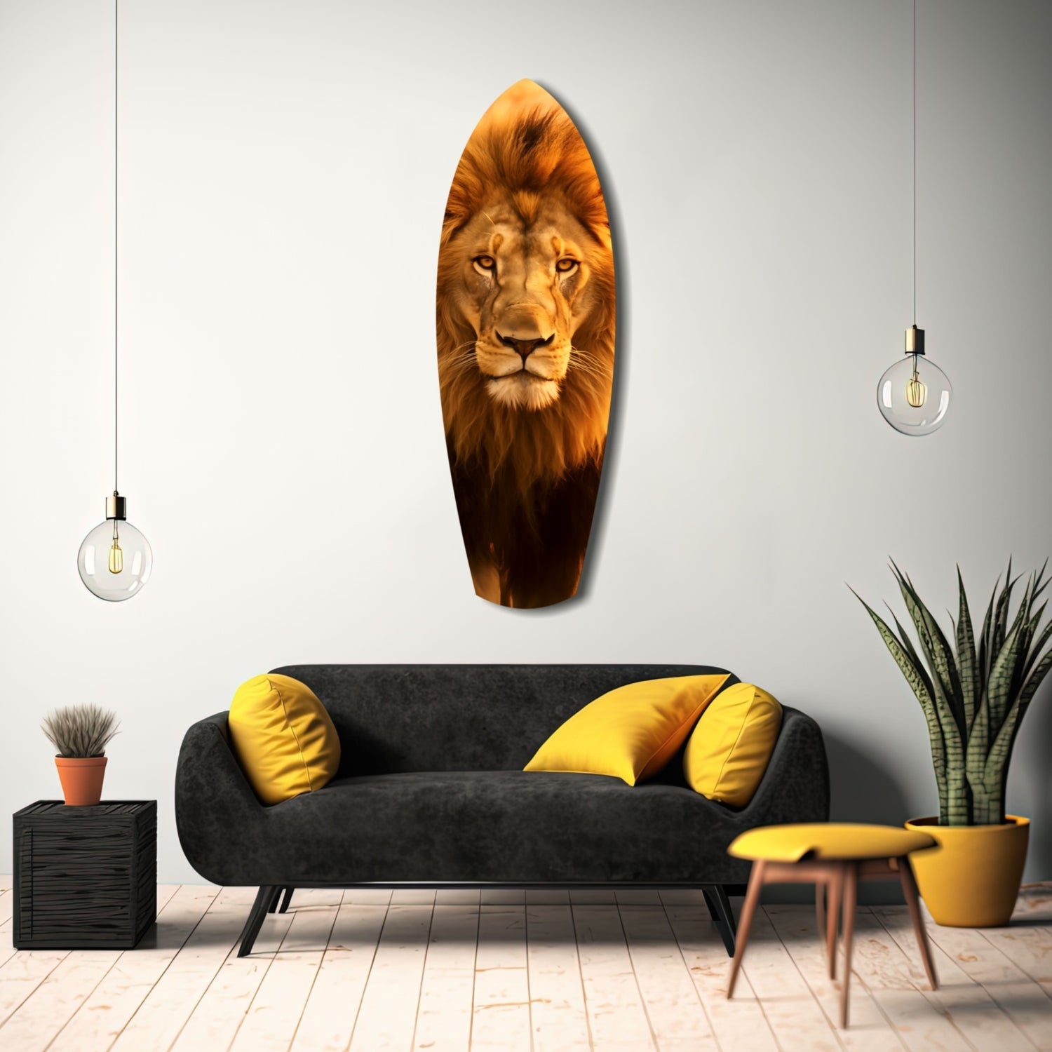Mr Lion Glass Wall Art displayed above a black sofa with yellow pillows in a modern living room setting.