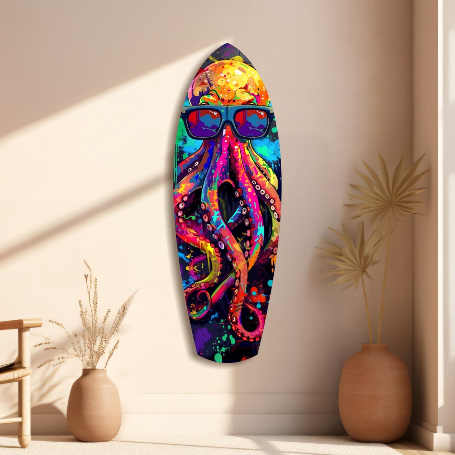 Colorful glass wall art featuring a vibrant octopus wearing sunglasses, displayed vertically on a beige wall between decorative vases.