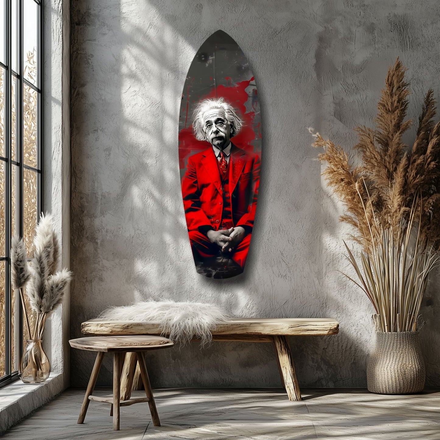 Red Suit Wild Haired Scientist Seated Glass Wall Art