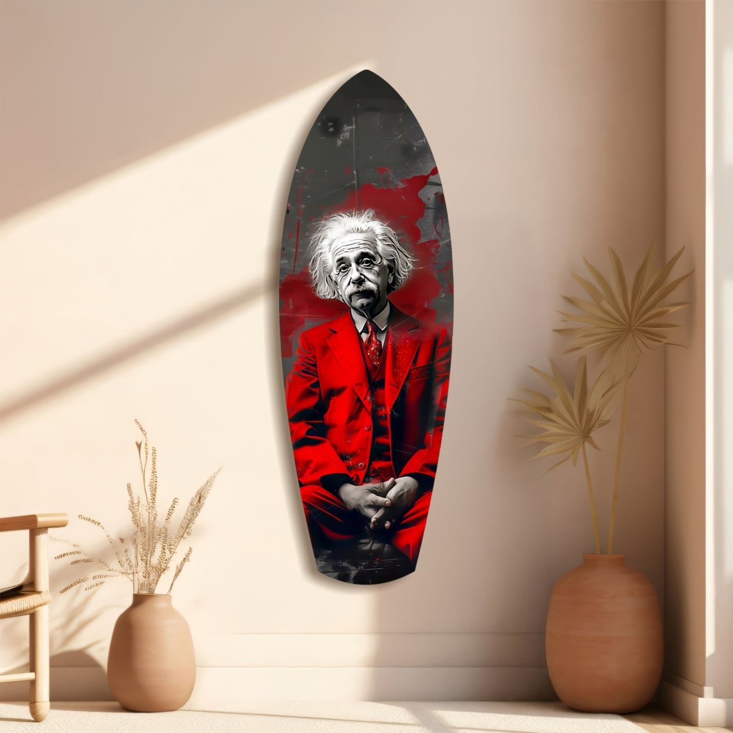 Red Suit Wild Haired Scientist Seated Glass Wall Art
