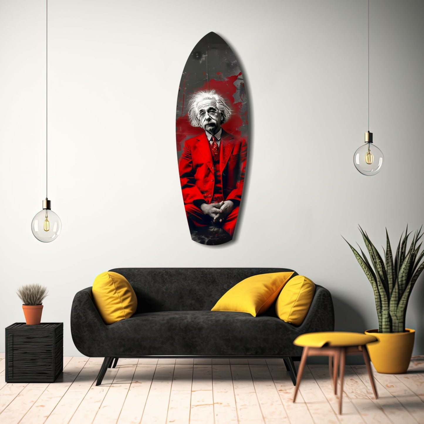 Red Suit Wild Haired Scientist Seated Glass Wall Art