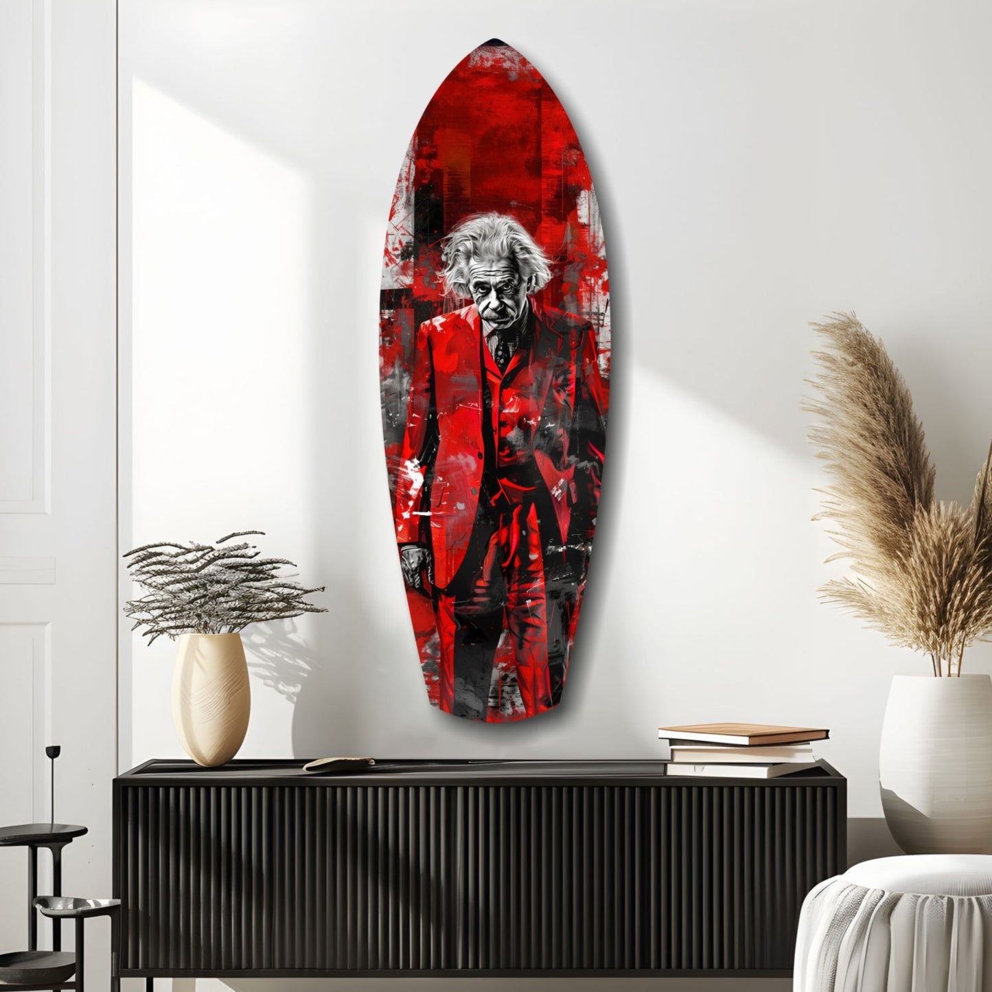 Scarlet Grunge Wild Haired Scientist Surfboard Glass Wall Art