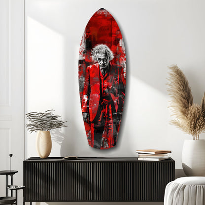 Scarlet Grunge Wild Haired Scientist Surfboard Glass Wall Art