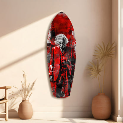 Scarlet Grunge Wild Haired Scientist Surfboard Glass Wall Art