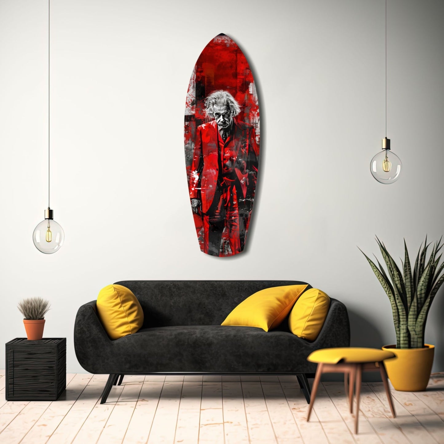 Scarlet Grunge Wild Haired Scientist Surfboard Glass Wall Art