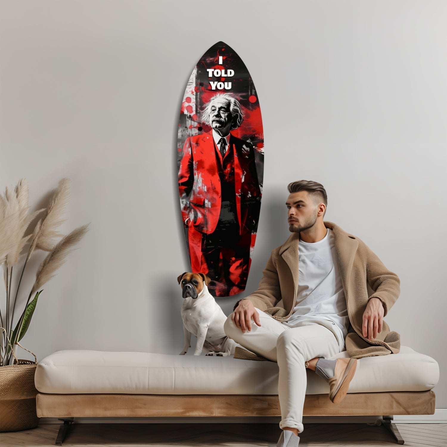 Man with dog sitting on cream sofa beneath oval glass wall art featuring Einstein portrait in red and black with "I Told You" text.