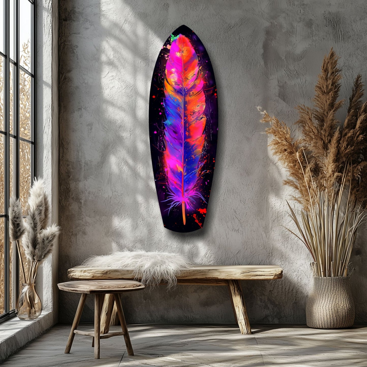 Vibrant neon feather glass wall art in magenta, orange, and blue displayed above wooden bench in minimalist room.