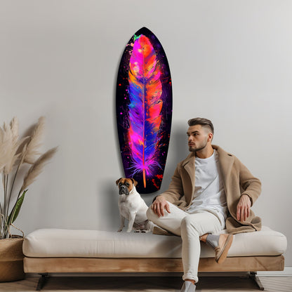Man and dog sitting on cream sofa with glowing neon feather glass wall art featuring pink, purple, blue, and orange colors behind them.