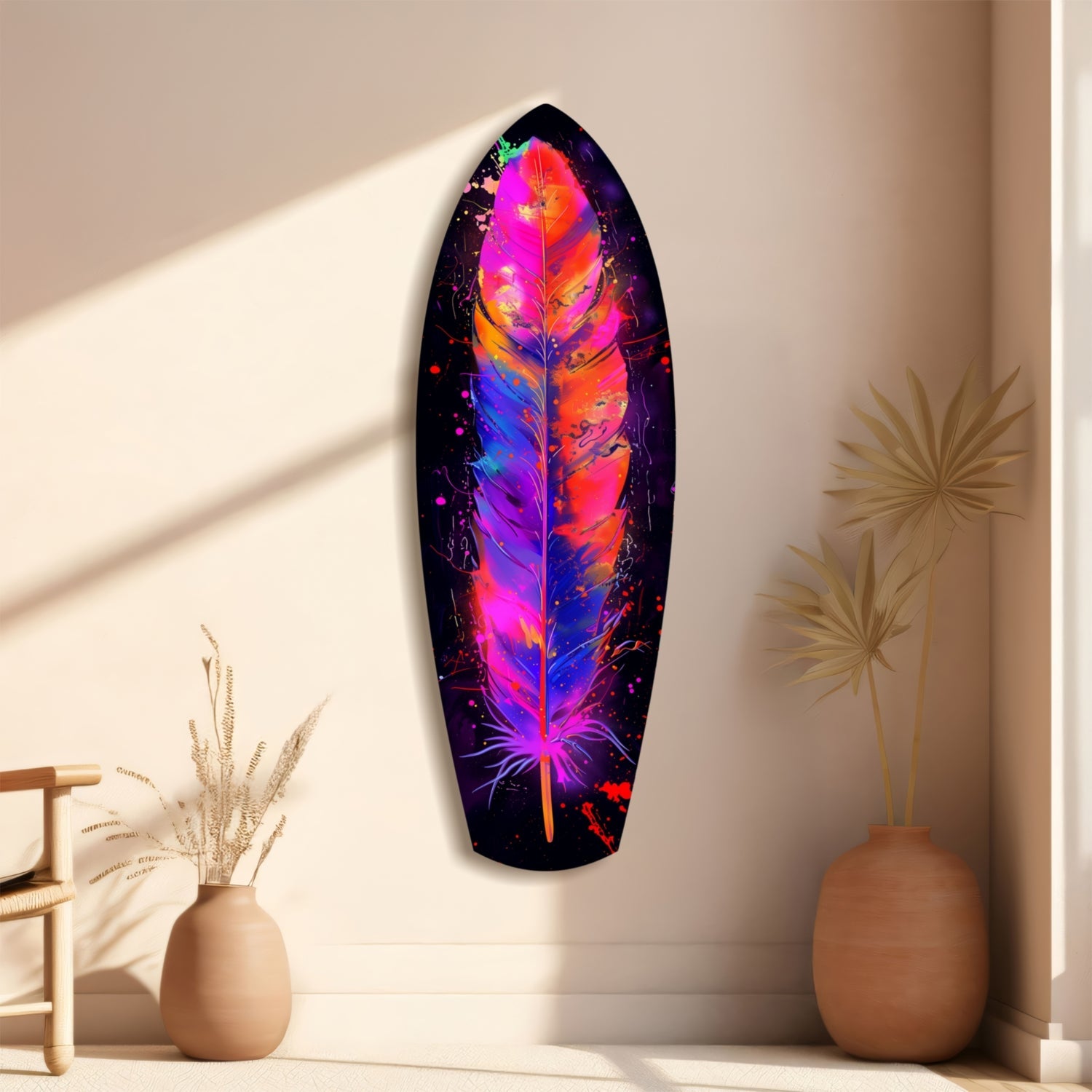Vibrant neon feather glass wall art mounted on beige wall beside dried pampas grass in ceramic vases.