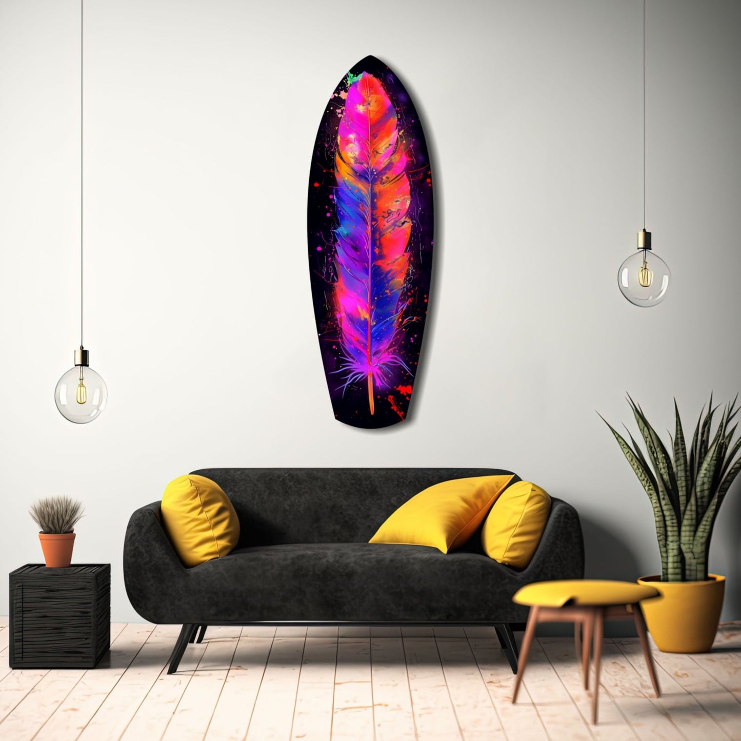 Colorful feather glass wall art with vibrant pink, magenta, orange, and blue gradient displayed above a black sofa with yellow pillows in a modern living room setting.