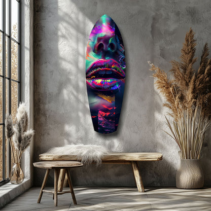 Neon-colored glass wall art featuring vibrant lips displayed on a gray concrete wall above a wooden bench in a minimalist interior setting.