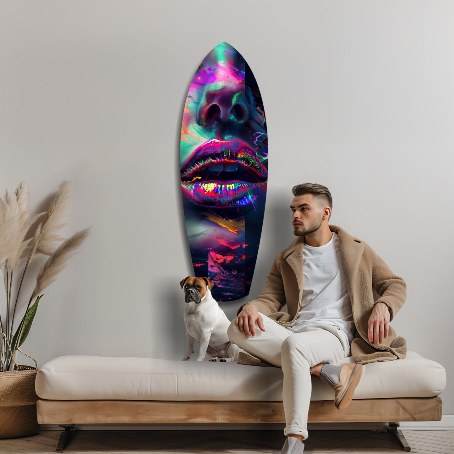 Man and dog sitting on cream sofa beneath vibrant neon-colored glass wall art featuring stylized lips and abstract imagery.