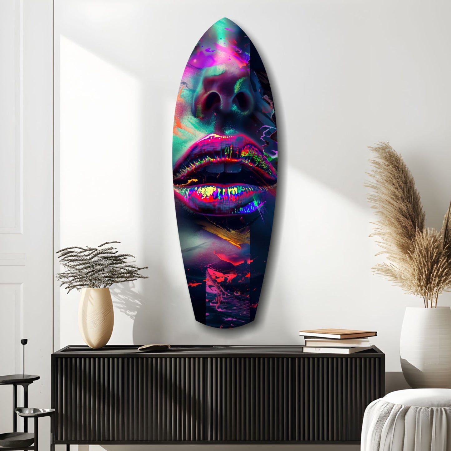 Vibrant neon lips glass wall art displayed vertically above black console with decorative vases and books.