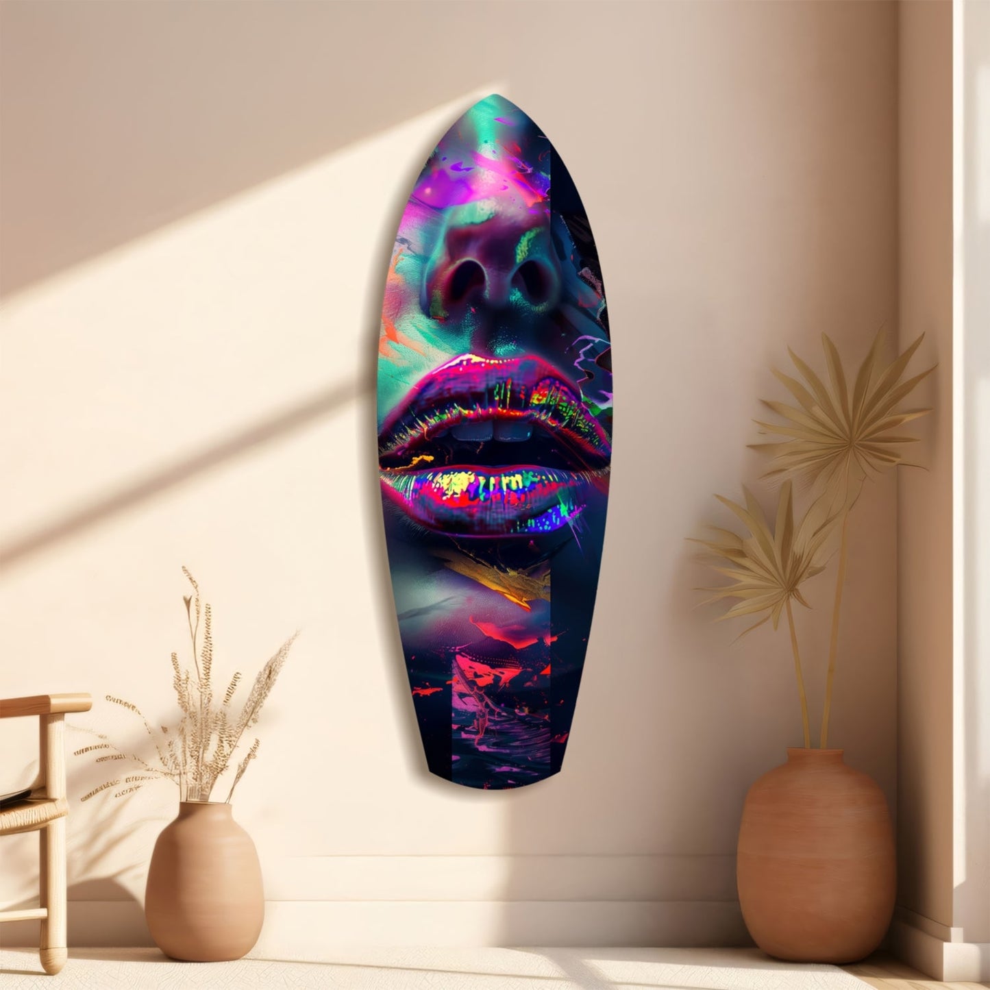 Vibrant neon lips glass wall art hanging vertically in minimalist beige room with dried plants.