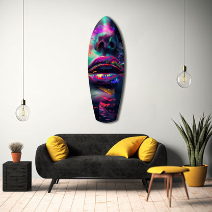 Vibrant neon lips glass art displayed on white wall above black sofa with yellow cushions in modern living room setting.