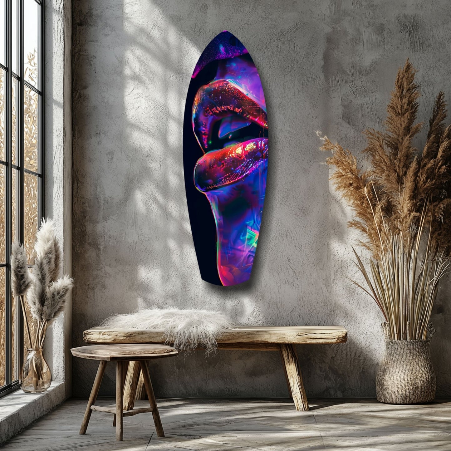 Neon lips glass wall art in vibrant purple, red, and blue displayed on concrete wall beside wooden bench and dried pampas grass.