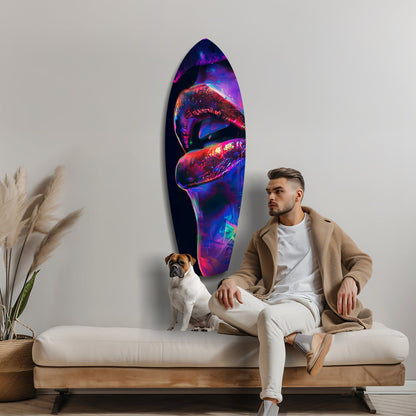 Man and dog sitting on cream bench below glowing neon lips glass art wall sculpture in modern living room setting.