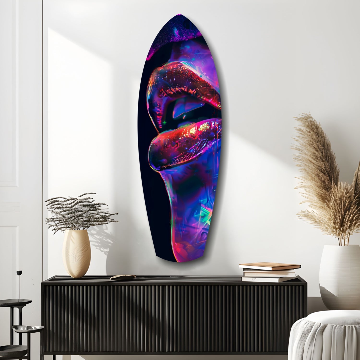 Vibrant neon glass wall art featuring colorful lips in purple, pink, and blue tones displayed above a black ribbed cabinet in a minimalist interior setting.