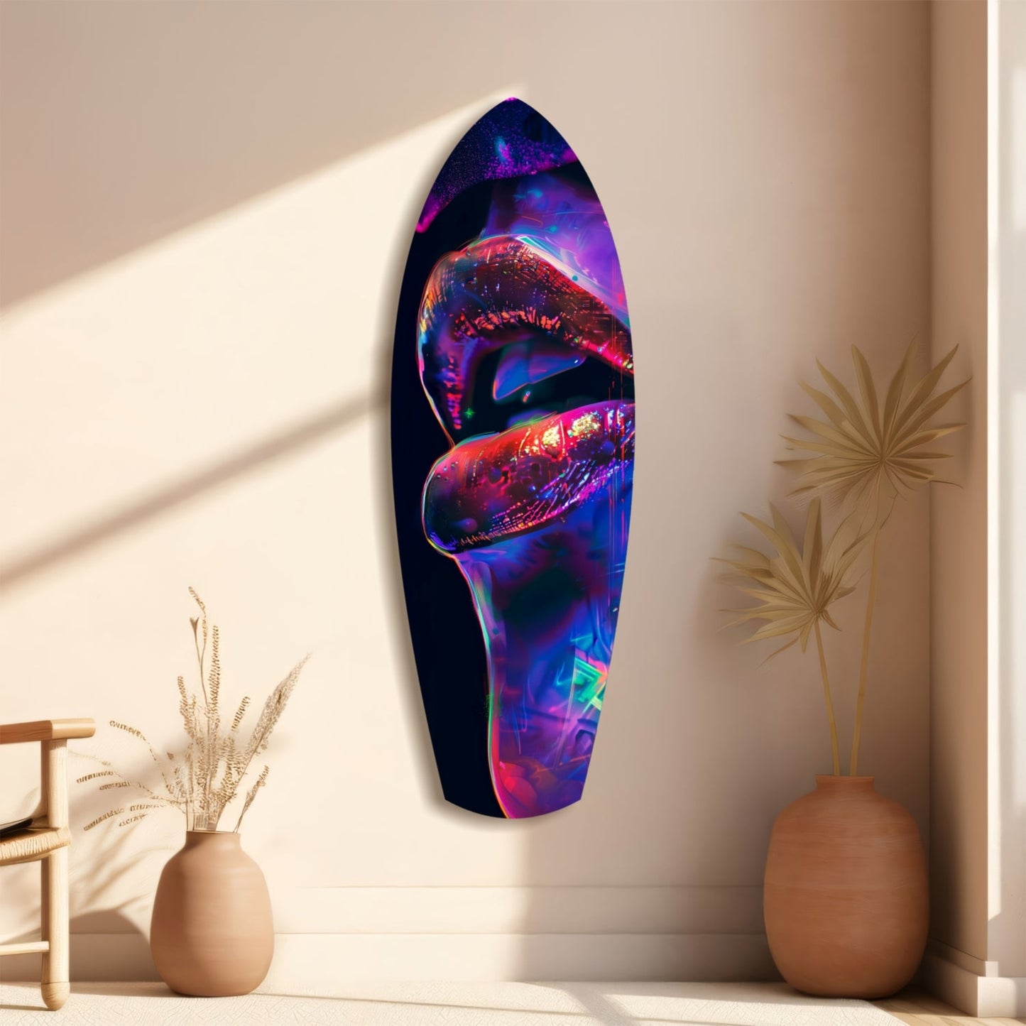 Colorful Lips V2 glass wall art hanging in a minimalist room with beige vases and dried flowers, displaying vibrant neon pink, blue, and purple colors against black background.