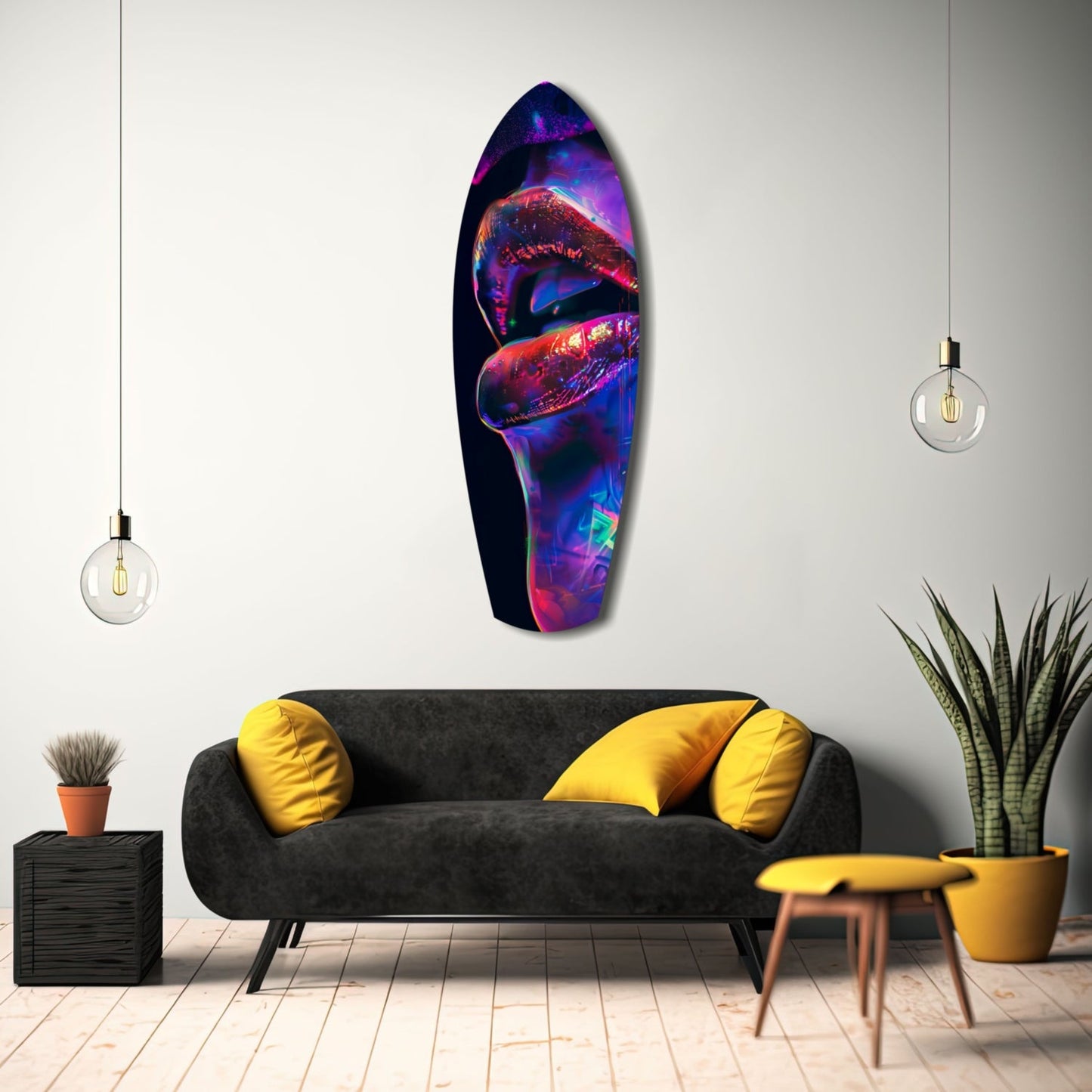 Colorful Lips V2 glass wall art displayed above a black sofa with yellow pillows in a modern living room interior.