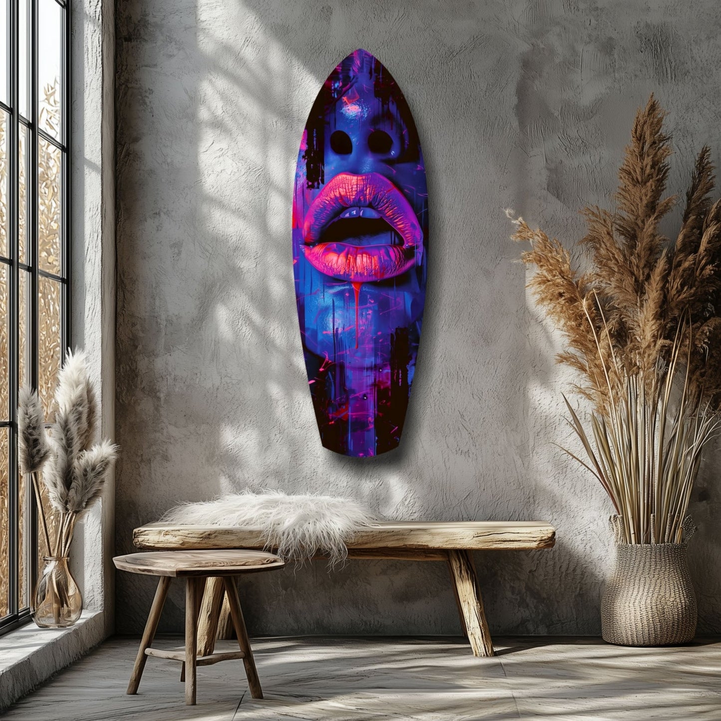 Vibrant neon glass wall art with hot pink lips and purple face displayed in minimalist room with wooden bench and dried pampas grass.