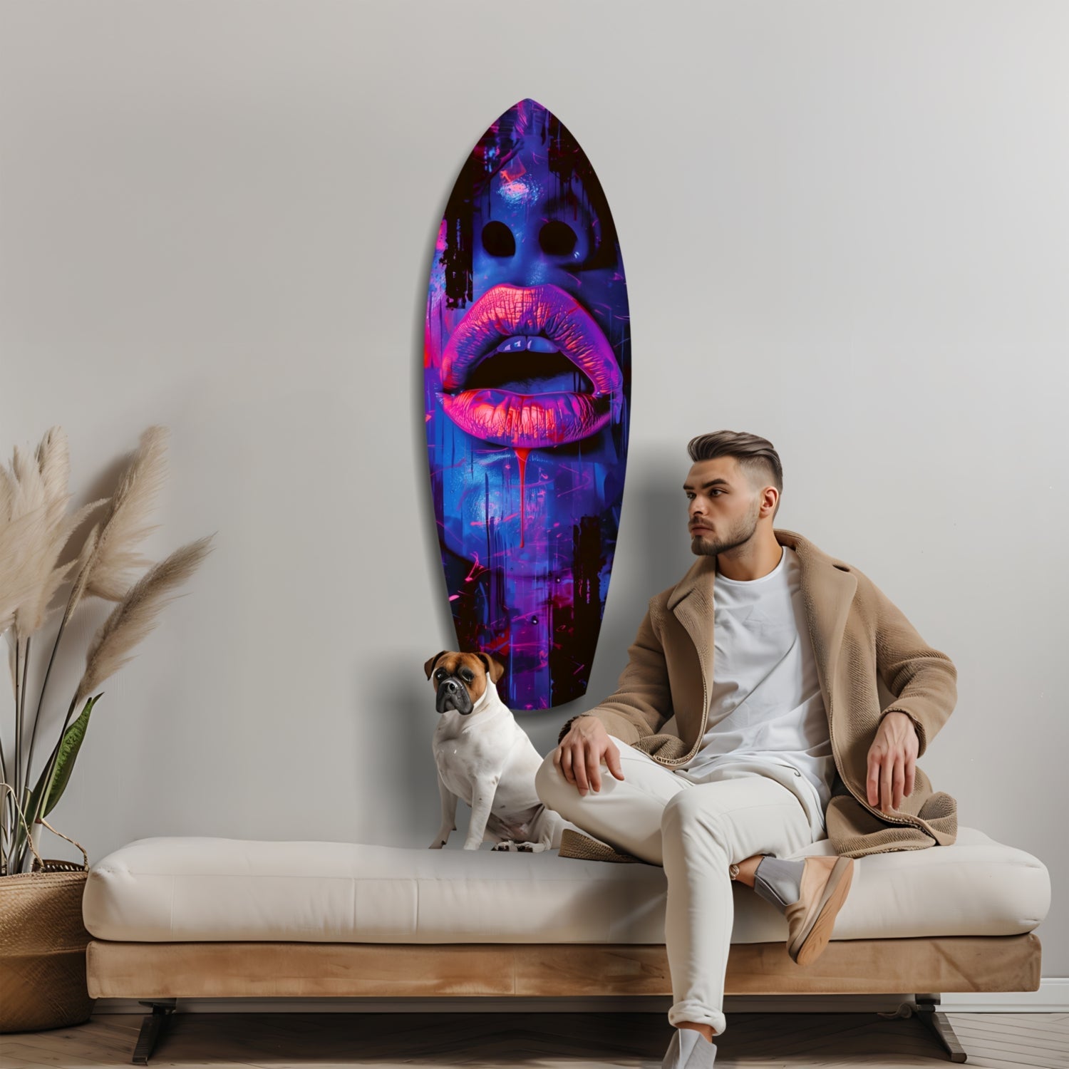 Man and dog sitting on bench beneath neon pink lips and blue face glass wall art in modern interior setting.