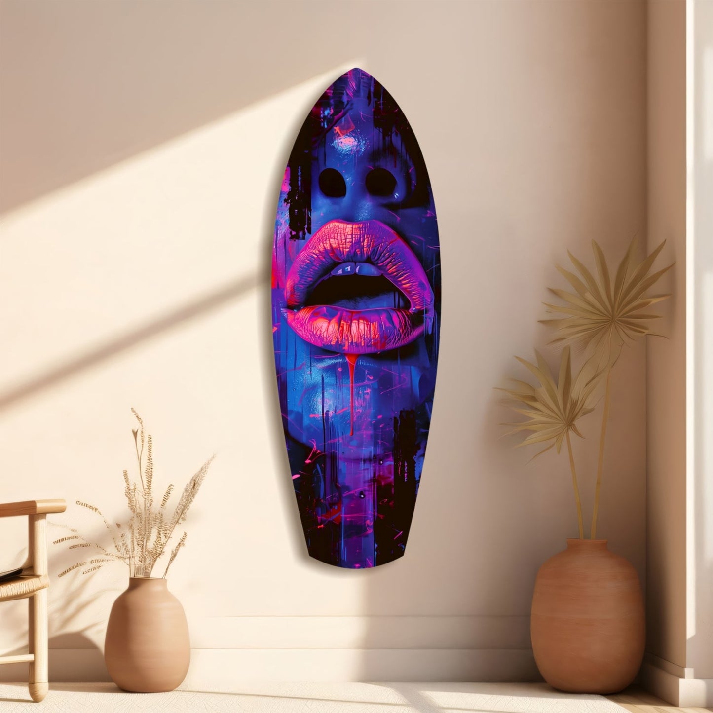 Neon pink and blue lips glass wall art displayed on a beige wall between two ceramic vases with dried grasses.