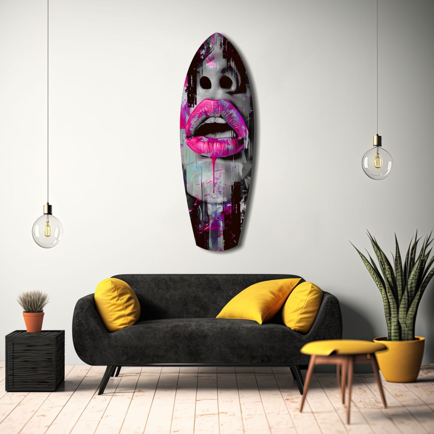 Colorful Lips V4 glass wall art with pink lips and dark tones displayed above a black sofa with yellow pillows in a modern living room setting.