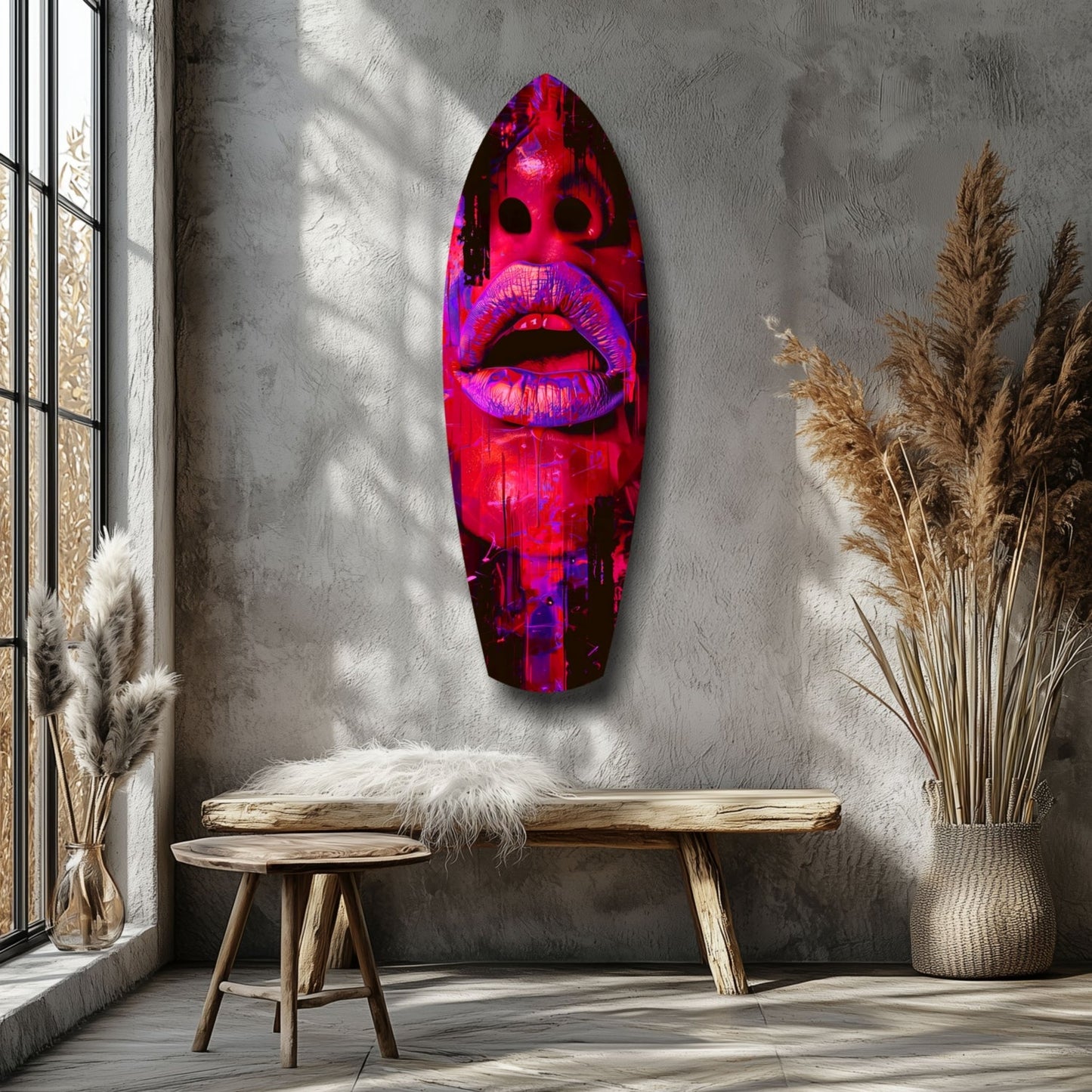 Neon pink and purple illuminated glass lips wall art mounted above wooden bench in minimalist interior with pampas grass décor.