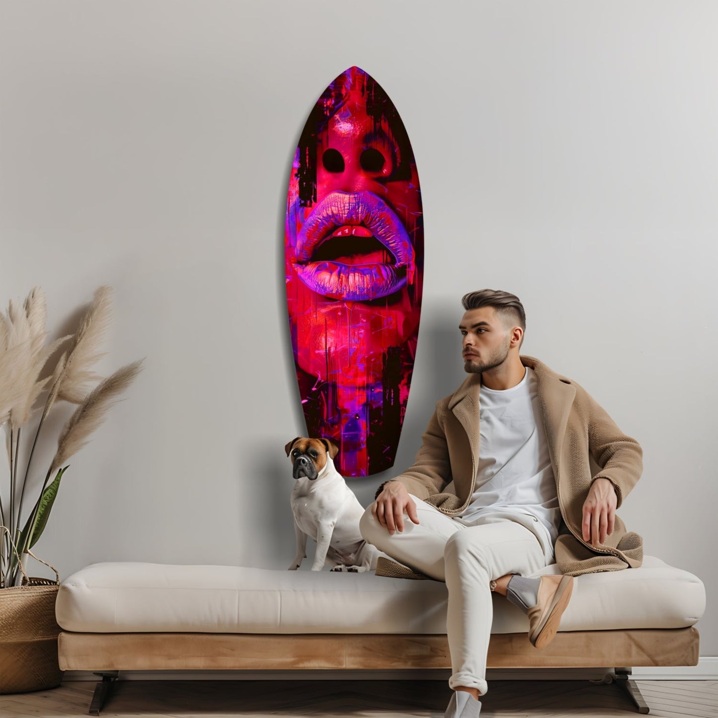 Man and dog sitting on beige sofa beneath vibrant pink and purple neon lips glass wall art in modern living room setting.