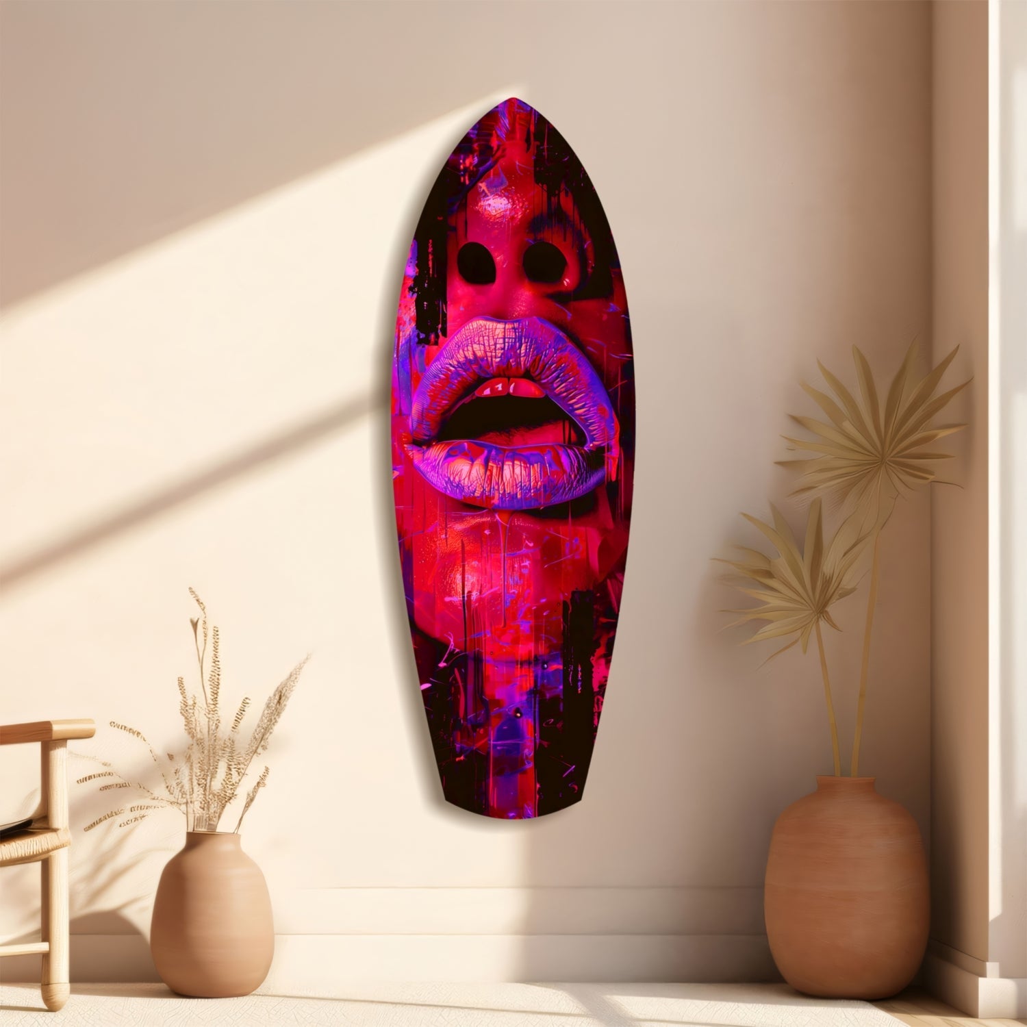 Vibrant red and purple glass wall art featuring stylized lips and eyes, mounted on a neutral beige wall beside ceramic vases with dried botanicals.