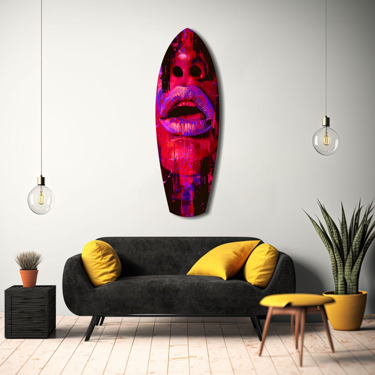 Colorful Lips V5 glass wall art in vibrant red and purple tones displayed above a black sofa in a modern living room interior.