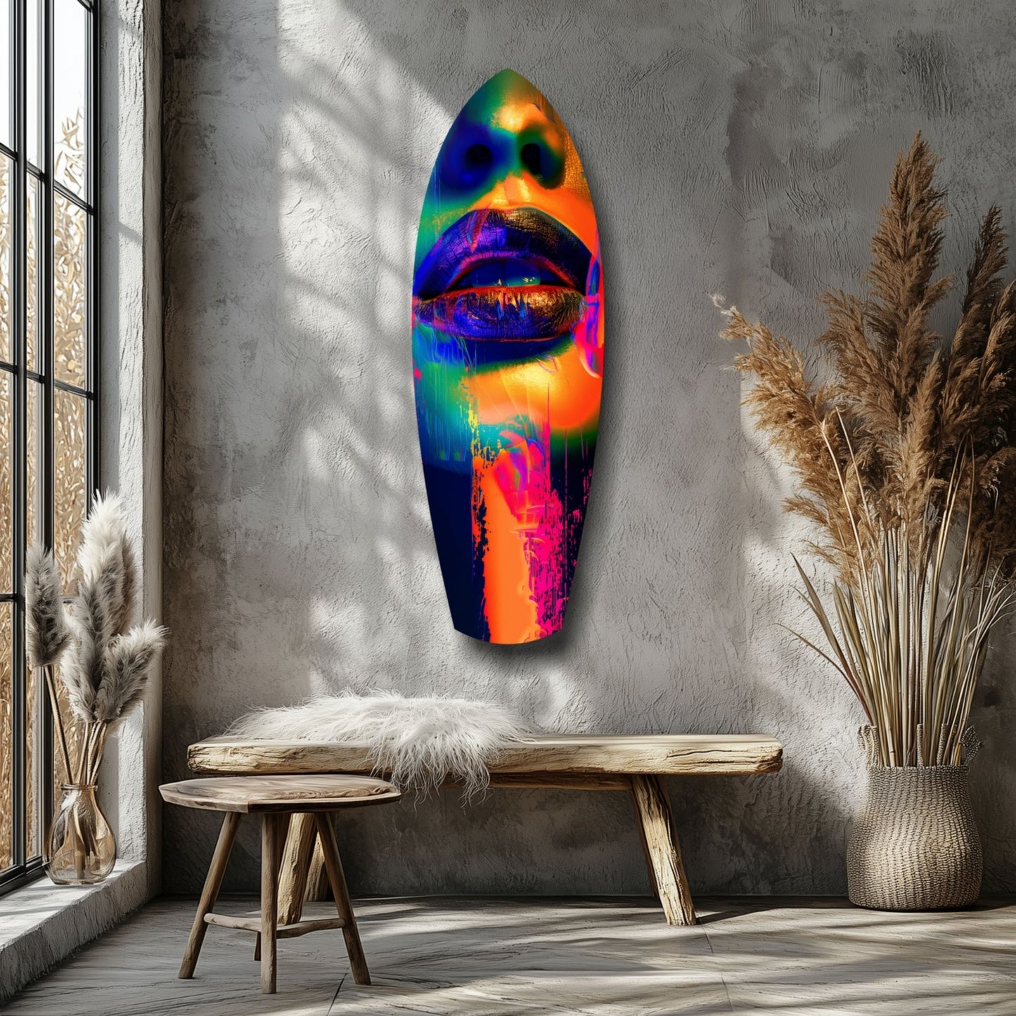 Vibrant multicolored glass wall art with abstract lips design displayed on gray textured wall beside wooden bench and dried pampas grass.