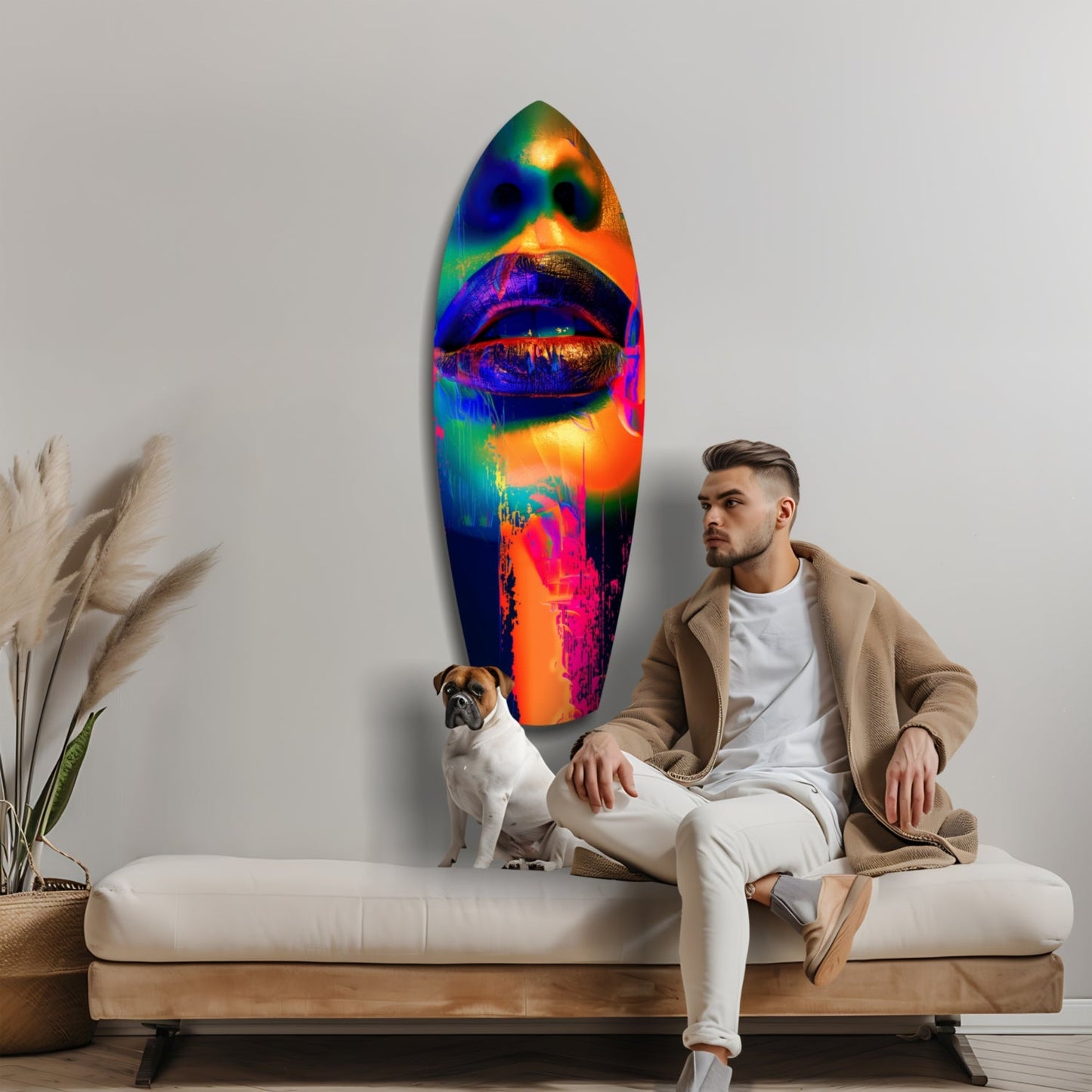 Man and dog sitting on bench beside vibrant multicolored glass wall art featuring abstract lips design.