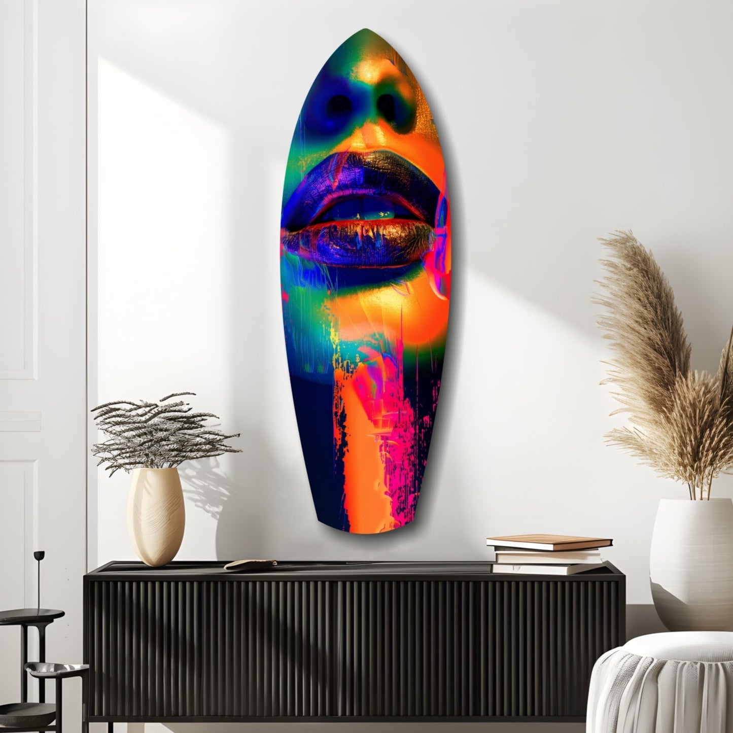 Colorful Lips V6 glass wall art in vibrant rainbow hues displayed above a black ribbed cabinet in a minimalist room setting.