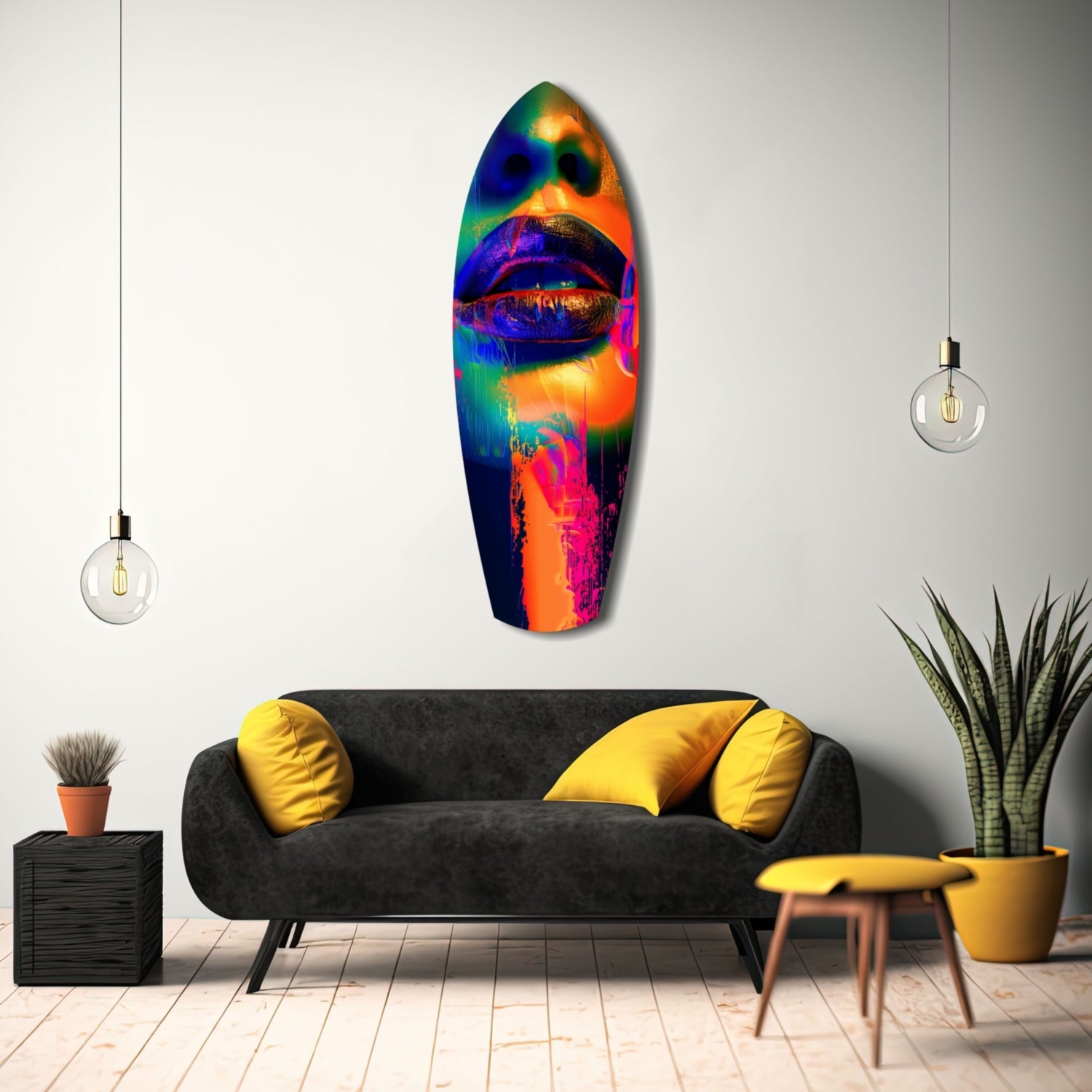 Colorful Lips V6 glass wall art displayed above a black sofa in a modern living room with yellow pillows and pendant lights.
