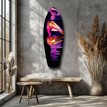 Neon thermal lips artwork displayed on grey wall above wooden bench in minimalist interior with pampas grass.