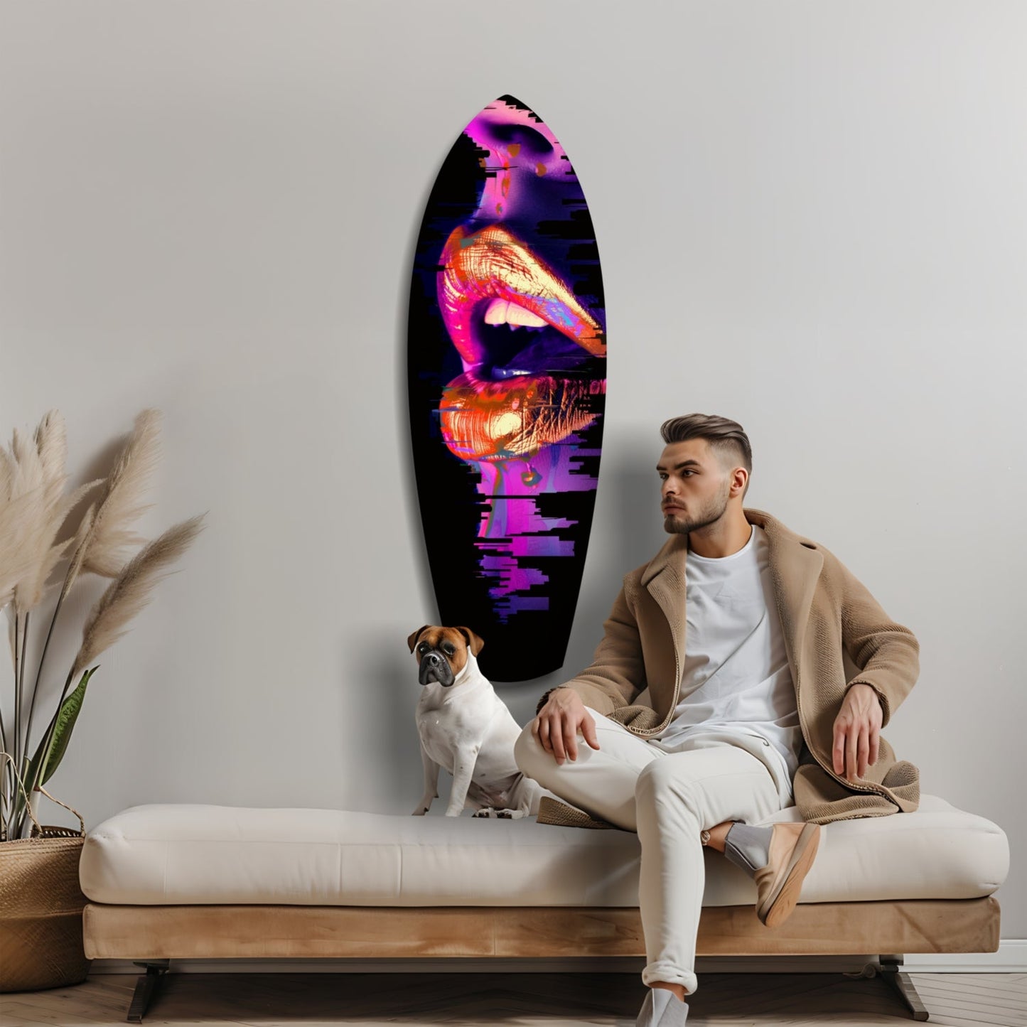 Man sitting on beige sofa beside dog, neon lips glass wall art with magenta and orange tones displayed above.