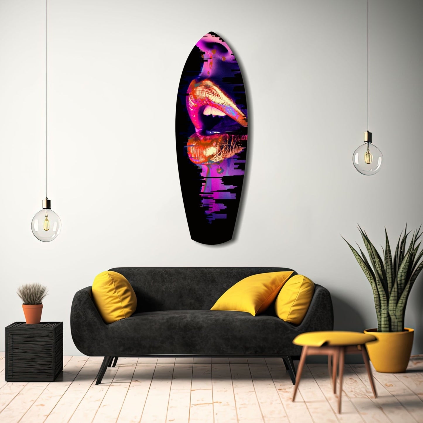 Colorful Lips V7 glass wall art displayed above a black sofa with yellow pillows in a modern living room setting.