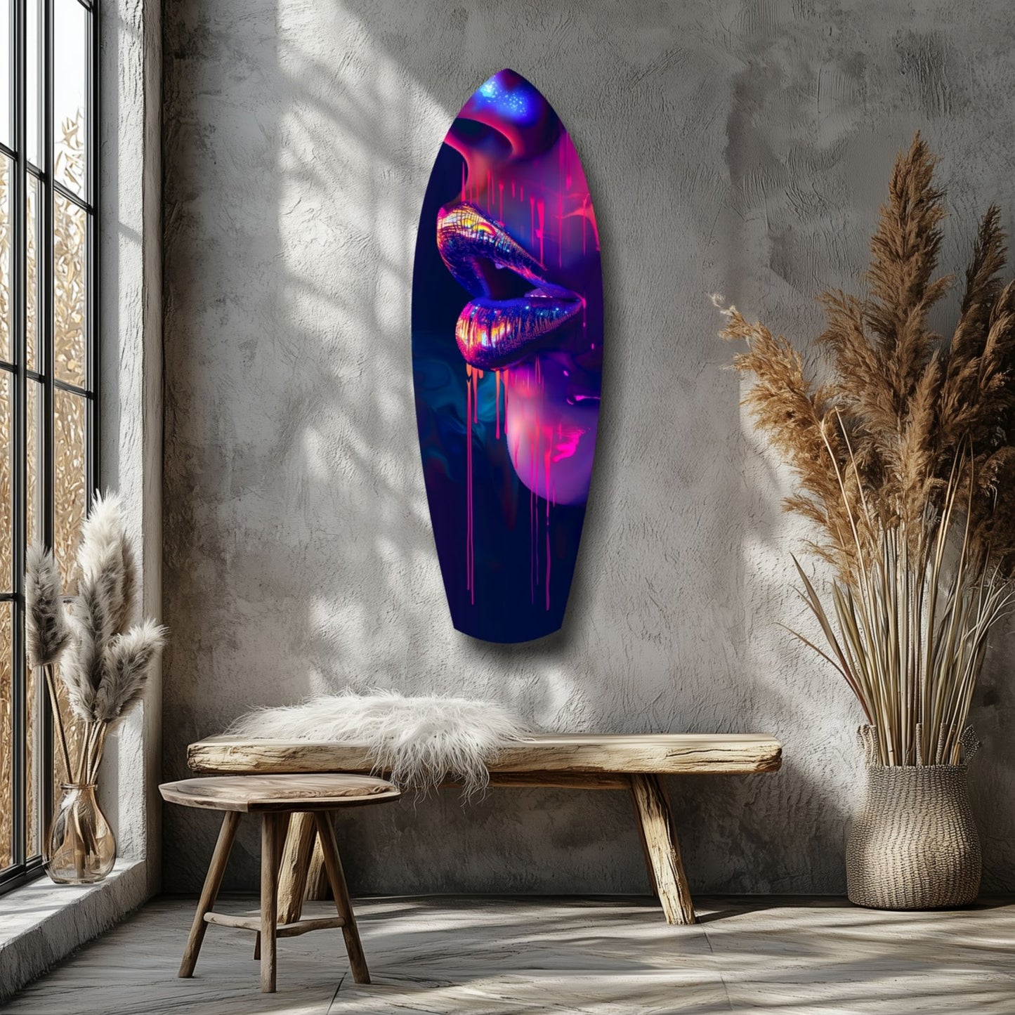 Neon glowing lips glass art mounted on textured wall above wooden bench in minimalist room setting.