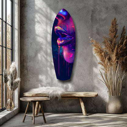 Neon glowing lips glass art mounted on textured wall above wooden bench in minimalist room setting.
