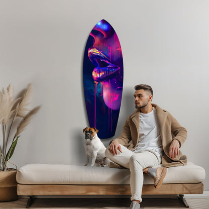 Man and dog sitting on beige sofa below neon pink and blue lips glass wall art in modern interior setting.