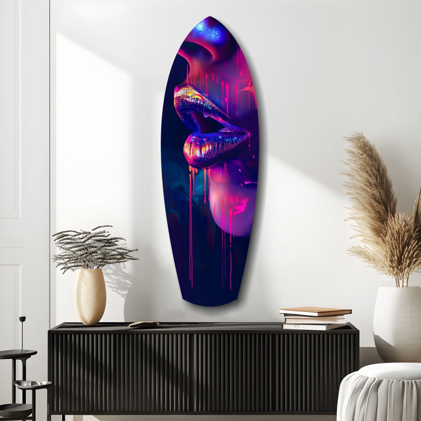 Neon-lit glass wall art featuring vibrant pink and blue lips displayed above a black ribbed cabinet in a modern interior.