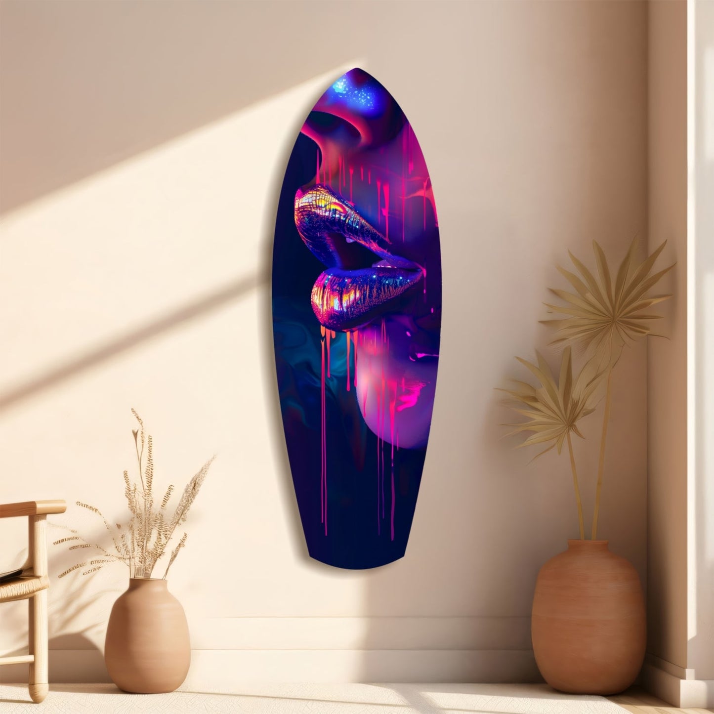 Neon lips glass wall art displayed vertically on beige wall beside dried grass arrangements in ceramic vases.