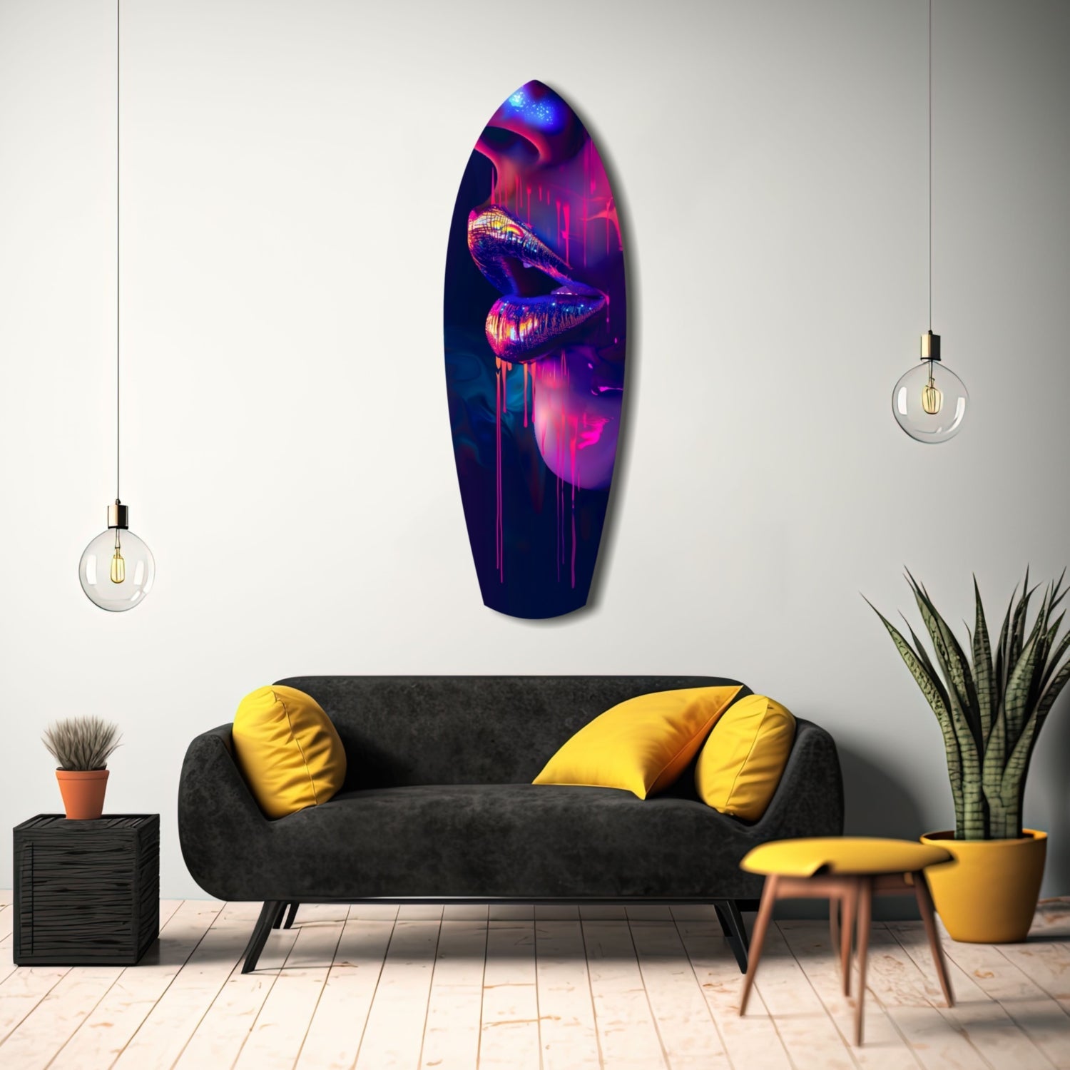 Colorful Lips V8 glass wall art displayed above a black sofa with yellow pillows in a modern living room setting.