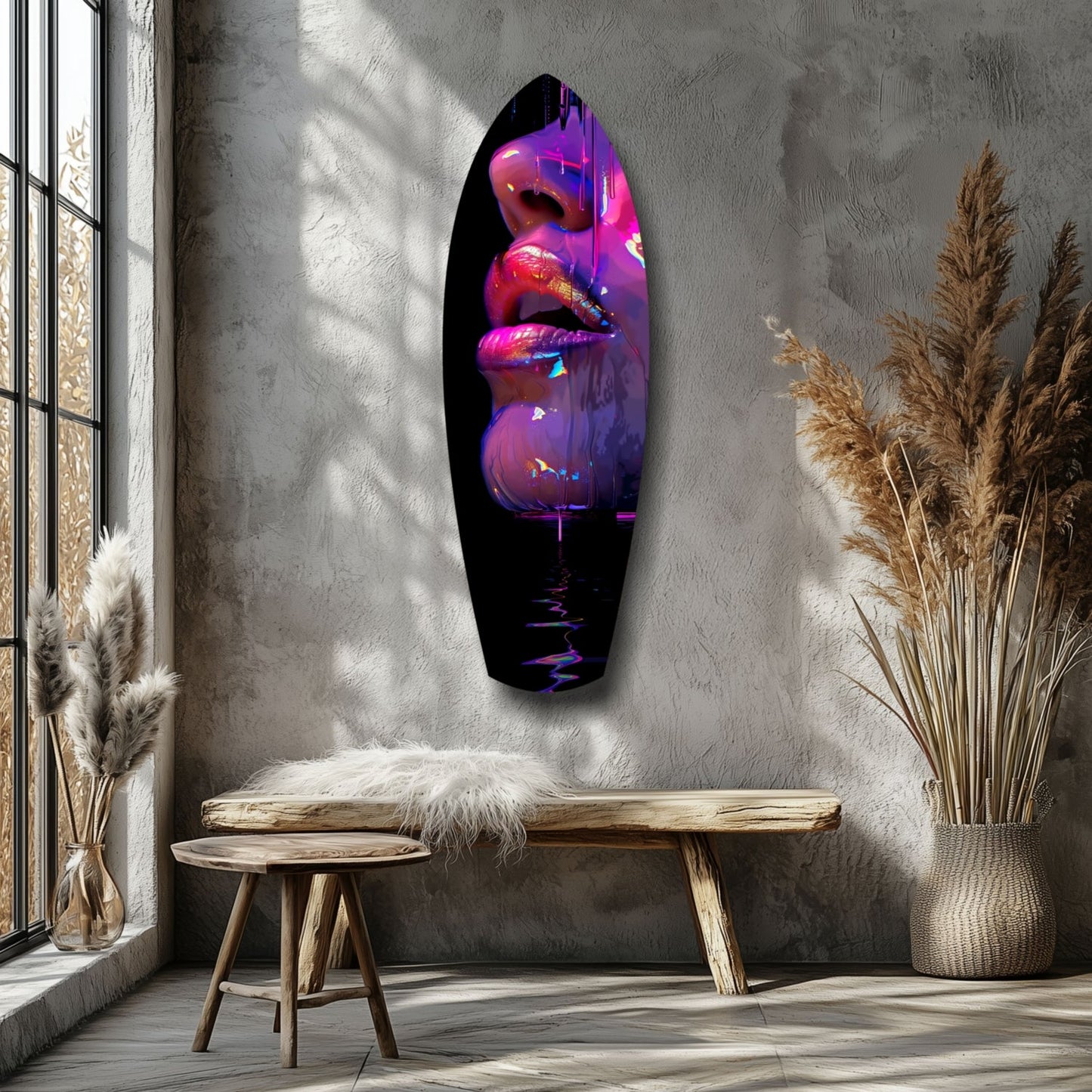 Neon pink and purple illuminated glass lips art displayed on grey wall above wooden bench in minimalist room.