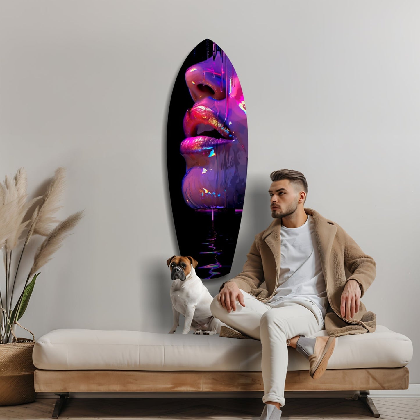 Man and dog sitting on cream sofa facing neon purple and pink lips glass wall art mounted above.