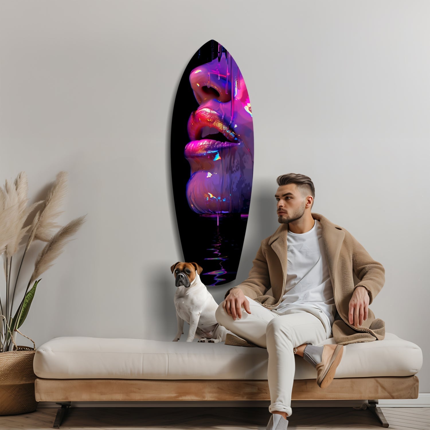 Man and dog sitting on cream sofa facing neon purple and pink lips glass wall art mounted above.